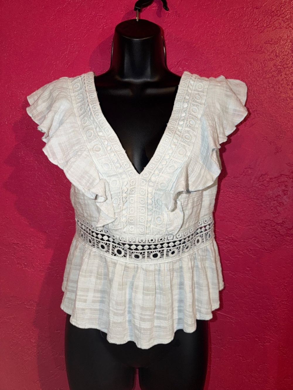 Miami by Franseca’s pale blue Ruffle 100% cotton Boho cottagecore Top. Sz L.